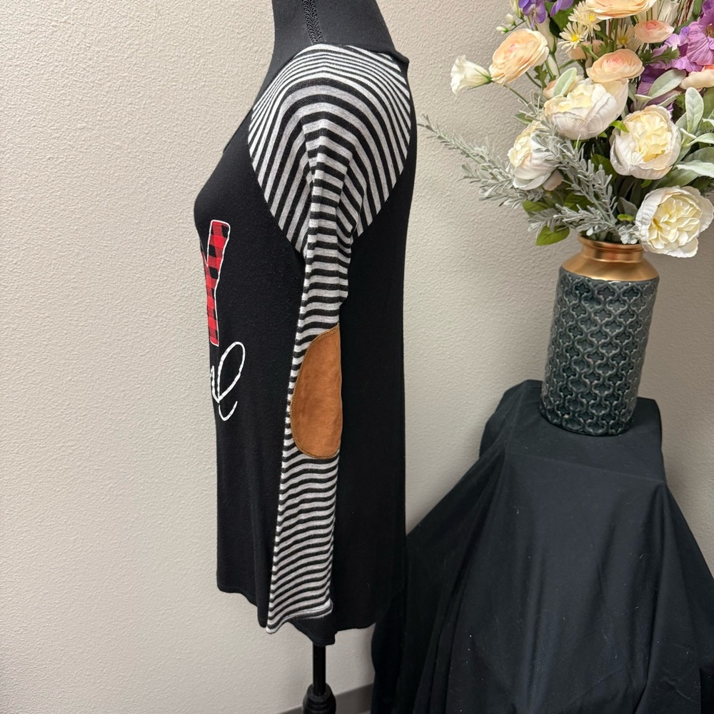 Zutter Joyful Buffalo Plaid Christmas Top Black White Stripe Sleeve Small - Picture 2 of 6